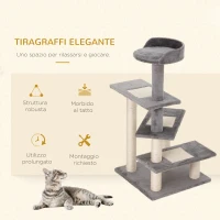 PawHut Tiragraffi per Gatti da 100cm con Lettino Rotondo, Pali in Sisal e Rivestimento in Peluche, Grigio(m-6)
