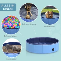 PawHut Hundebadewanne faltbar Hundepool Schwimmbecken Swimmingpool Plantschbecken Badewanne für Hunde & Katzen Wasserbecken aus Kunststoff, Holz Ø80 x H20 cm Blau(m-6)
