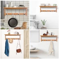 HOMCOM Wandgarderobe met haken, wandmontage, ruimtebesparend, draagvermogen 5 kg, 50 x 16 x 17,5 cm, Natuurhout(m-7)