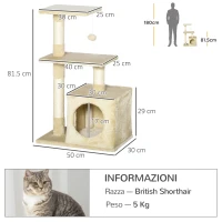 PawHut Albero Tiragraffi per Gatti con Cuccia, 50x30x81.5cm(m-3)