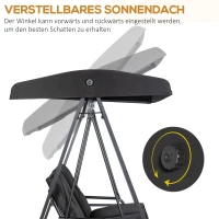 Outsunny Hollywoodschommel, 2-zits Tuinschommel met Verstelbaar Dak, tot 220 kg belastbaar, 145 x 116 x 172 cm, Zwart(m-4)