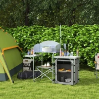 Outsunny Campingküche, faltbar, 3 Arbeitsplatten, Windschutz, Stoffschrank, 144x48x119cm, Silber(m-10)