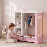 AIYAPLAY Kids Wardrobe with Lighted Mirror, Clothes Rail, Jewelry Cabinet, Shelves, Storage Boxes for Bedroom, Nursery, Pink(m-13)