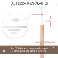 PawHut Tiragraffi a Soffitto Multilivello 220-245cm Palestra per Gatti con Cucce, Piattaforme e Corde in Juta, Giallo(m-6)