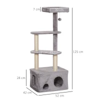 PawHut 125cm Cat Tree for Indoor Cats Kitten Tower 4 level Activity Center Pet Furniture Sisal Scratching Post Condo Plush Perches Hanging Ball Grey(m-3)