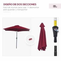 Outsunny Sombrilla de Jardín, Ø260x235 cm, Parasol de Jardín Reclinable con Manivela, Poste Desmontable de Aluminio y 6 Varillas de Metal, para Terraza, Exterior, Balcón, Rojo(m-7)