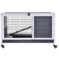 PawHut Wooden Guinea Pig Hutch, 2-Floor Bunny Cage w/ Enclosed Run Area, Grey(m-10)