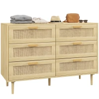 HOMCOM Chest of Drawers, 6-Drawer Dresser, Tall Storage Drawer Unit with Rattan Element for Bedroom, Living Room, Oak(m-12)