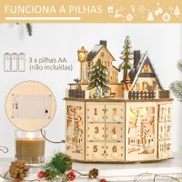 HOMCOM Calendário do Advento de Natal em Madeira Reutilizável com Luzes LED, 24 Gavetas, Cena de Aldeia, 25x20x29 cm, Natural(m-7)