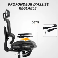 HOMCOM Fauteuil de bureau, chaise de bureau ergonomique en maille avec accoudoirs 3D, dossier inclinable, 66x64x122 cm, noir(m-5)