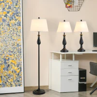HOMCOM 3er-Set Stehlampen-Set inkl. 2 Tischleuchten, 1 Stehleuchte, Tischlampen-Set mit E27 Fassung, Lampenschirm aus Leinen Standlampe für Wohnzimmer, Schlafzimmer, Weiß+Schwarz(m-2)