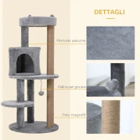 PawHut Albero Tiragraffi per Gatti a 3 Livelli con Trespoli, Casetta e Pallina Appesa, Albero per Gatti in Legno, Sisal e Peluche, 48x48x104 cm, Grigio(m-6)