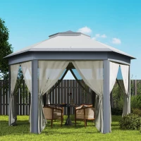 Outsunny Tenda Dobrável 4x3,4 m Tenda de Jardim Hexagonal com Duplo Tecto 6 Mosquiteiras Destacáveis e Saco de Transporte Cinzento(m-9)