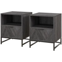 HOMCOM Bedside Table with Drawer and Shelf, Side End Table with Steel Legs for Living Room, Bedroom, Set of 2, Dark Grey(m-11)