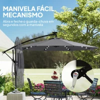Outsunny Chapéu de Sol Excêntrico com Luzes LED Solares 330x295 cm Chapéu de Sol para Jardim com Base Cruzada Manivela Capa Protetora Cinzento Escuro(m-9)
