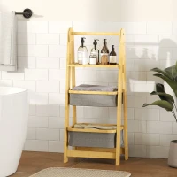 HOMCOM Estante Dobrável para Casa de Banho de Bambu com 2 Cestos para Roupa Suja Estante Aberto 44,5x32x99 cm Cinzento(m-10)