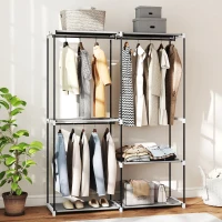 HOMCOM Armário de Roupa Aberto 142x43x185 cm Armário para Roupas com 4 Prateleiras de Tecido 3 Barras para Pendurar Cinzento(m-2)