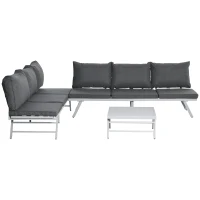 Outsunny 3 Pieces Garden Furniture Sets, 6 Seater Corner Sofa Set with Adjustable Backrest Chase Lounge with Slatted Metal Top Table, Padded Cushion, Grey(m-10)