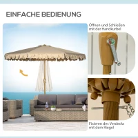 Outsunny parasol, met franje, kantelbaar, met handslinger, staal+polyester, kaki, Ø265 x 235,5 cm(m-5)