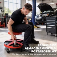 HOMCOM Taburete de Taller Móvil con Bandeja Altura Ajustable de 40-52 cm Carga 135 kg con Ruedas para Garaje Rojo(m-5)