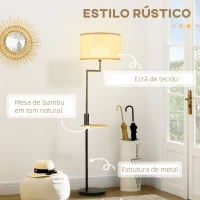 HOMCOM Candeeiro de Pé com Mesa Auxiliar Lâmpada E27 Máx. 40W Ecrã de Linho Interruptor de Corrente e Carregador USB Ø40x168cm Preto e Madeira(m-4)