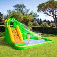 Outsunny Kids Bouncy Castle, 5 in 1 Large Crocodile Style Inflatable House Slide Basket Water Pool Gun Climbing Wall with Blower Carrybag for Kids Age 3-8, 3.85 x 2.85 x 2.25m(m-2)