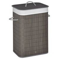 HOMCOM Wasmand met Handvatten en Wasbare Waszak, Rattan, Polyester, Katoen, Metaal, 43L x 32B x 61H cm, Grijs(m-11)