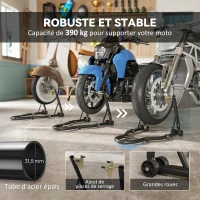 HOMCOM Béquille roue avant arrière charge 390 kg béquille d'atelier moto bras réglable en acier, fourche en forme de U + L noir(m-4)