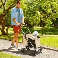PawHut Hondenwagen, lichte en opvouwbare transportwagen voor kleine honden, wasbaar kussen, gaasvensters, Khaki(m-2)
