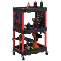 HOMCOM Gereedschapswagen, Drie Niveaus, 4 Wielen, Kunststof, 10 Haken, Zwart+Rood(m-11)