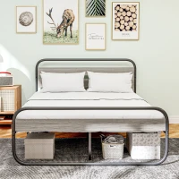 HOMCOM 4ft6 Double Bed Frame, Industrial Style Metal Platform Bed Frame with Under Bed Storage, No Box Spring Needed, Easy Assembly, Grey(m-2)