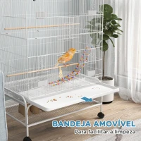 PawHut Gaiola para Pássaros com Rodas com 4 Comedouros 3 Poleiros Brinquedos Bandeja Amovível e Prateleira 79x49x133 cm Branco(m-6)