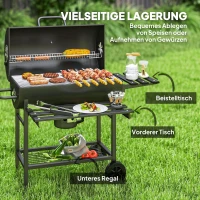 Outsunny Houtskoolbarbecue van staal BBQ Smoker met deksel handgrepen thermometer wielen draagbaar 114 x 65 x 95 cm(m-6)