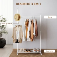 HOMCOM Charriot com Rodas 5 Ganchos Barra para Pendurar e Prateleira Inferior 86x43x171 cm Branco(m-4)