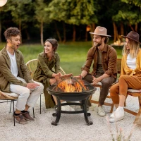 Outsunny Outdoor Fire Pit, Firepit with Mesh Lid, Poker, for Camping, Bonfire, Picnic, Black(m-2)