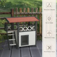 PawHut Cabane Chat Extérieur avec Terrasse, Escalier, Toit, Niche Villa, 77 x 50 x 73 cm Blanc et Rouge(m-6)