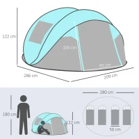 Outsunny Tente de camping pop-up pour 4 personnes tente dôme étanche légère ventilée facile à monter avec 2 fenêtres 2 portes sac de transport dim. 286L x 209l x 122H cm polyester bleu et gris clair(m-3)