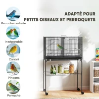 PawHut Cage à Oiseaux Volière Intérieur Acier avec Séparateur, 4 Perchoirs, Plateau Coulissant, 4 Mangeoires, 76x46x116cm, Noir(m-9)