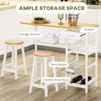 HOMCOM 3 Piece Bar Table Set, Breakfast Bar table and Stools with Storage Shelf, Drawer, Wire Basket and Wine Rack for Kitchen, Home Bar, Natural and White(m-4)