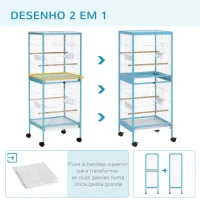 PawHut Gaiola para Pássaros com Rodas de 2 Níveis  com Bandejas Removíveis Portas Comedouros Poleiros 51,5x50x140 cm Azul(m-5)