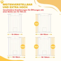 PawHut 106 cm Hoog Huisdierhek met Verstelbare Breedte en Geïntegreerde Kattendeur, voor Trappen en Deurkozijnen, Wit(m-4)