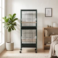 PawHut Grande Cage à Oiseaux sur pied double avec mangeoires perchoirs plateau amovible roulettes - Dim. 51,5L x 50l x 140H cm(m-2)