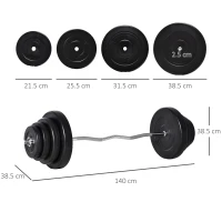 HOMCOM Set Bilanciere e Dischi da 70 kg totali con Impugnatura Antiscivolo, Acciaio e Plastica, Nero(m-3)