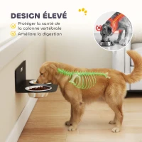 PawHut Gamelle Bol pour Chien Double Gamelle Support Mural 2 Bols Acier Inox 800ml Hauteur Réglable 42x23,5x14cm Noir(m-5)