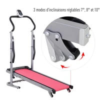 HOMCOM Tapis de course manuel pliable écran LCD multifonction 3 modes d'inclinaisons hauteur guidon réglable acier gris rouge(m-6)
