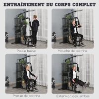 HOMCOM Station de musculation entrainement complet développé couché butterfly barre latissimus curler bande résistance 10 contrepoids 45 kg avec filet de protection acier noir(m-4)