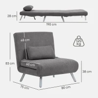 HOMCOM Sofá Cama de Uma Praça Dobrável Revestido em Tecido Cinzento Mesclado com Encosto Ajustável em 5 Níveis 80x75x83 cm(m-3)