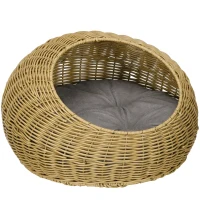 PawHut Wicker Cat House with Washable Cushion for Indoor Cats, Light Brown(m-1)