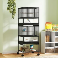 PawHut Gaiola para Pássaros de 2 Níveis com Rodas Painéis Acrílicos Comedouros Prateleira Bandejas Amovíveis  48x46x134,5 cm Preto(m-11)