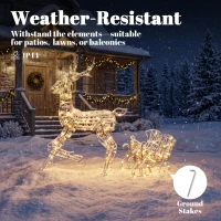 Outsunny Lighted Reindeer and Sleigh Set, 2-Piece PP Rattan Outdoor Christmas Decoration with LEDs, 8 Modes, Daily Timer(m-7)